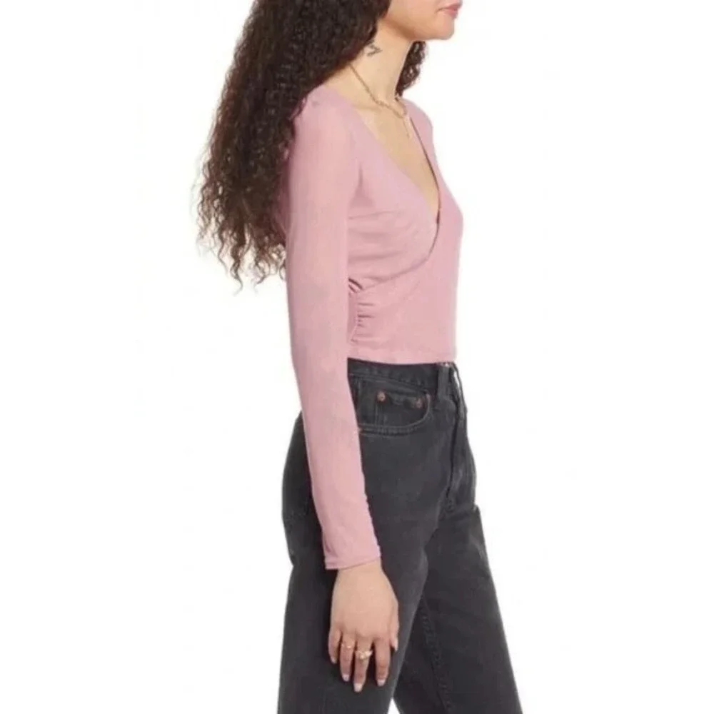 BP. Women's Long Sleeve V-Neck Faux Wrap Mesh Crop Top in Pink Nostalgia Small